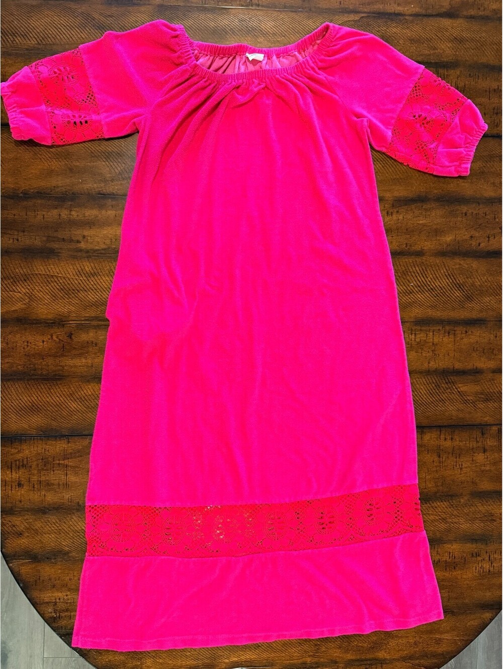 Vintage Montgomery Ward Pink Terry Cloth Lounge / House Dress with Lace, Large